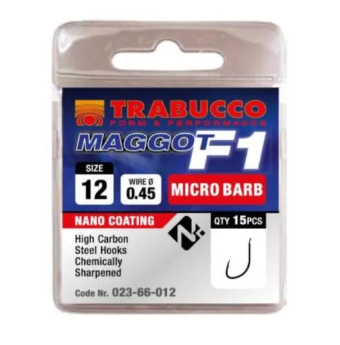 Trabucco F1 Maggot mikro szakállas horog 12 15 db