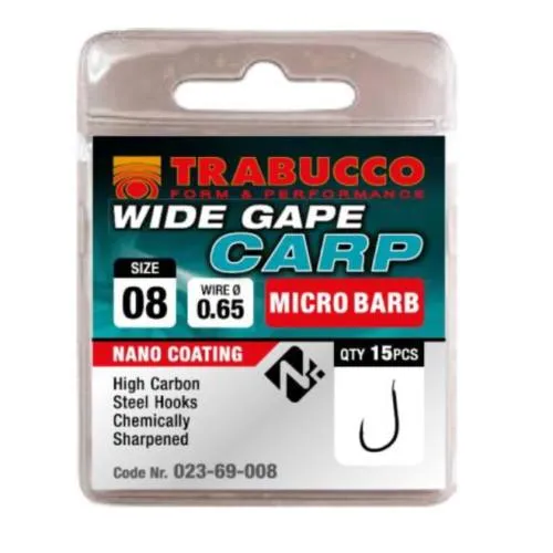 Trabucco Wide Gape Carp mikro szakállas horog 08 15 db